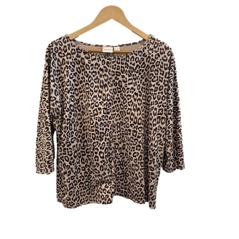 Chicos Blouse Womens 2 L 12 Brown Animal Print Polyester 3/4 Sleeves